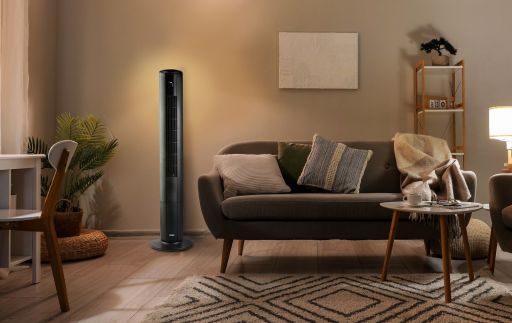 Sloupový ventilátor s ovládáním a podsvícením - DOMO DO8153, 106 cm, 50 W, abientní světlo