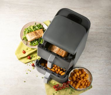 Dvojitá horkovzdušná fritéza 3,5+6,5 l - DOMO DO549FR, 2 500 W, 2 samostatné zóny, celková kapacita 10 litrů