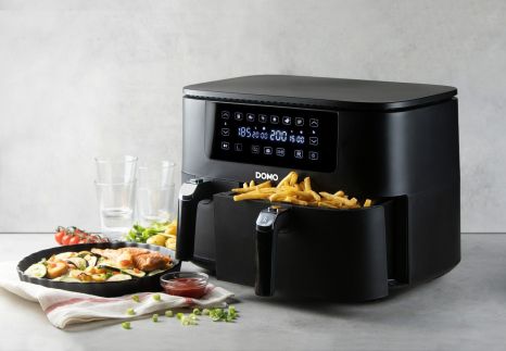 Dvojitá horkovzdušná fritéza 3+6 l - digitální - DOMO DO546FR, 2 850 W, 2 samostatné zóny, 6 automatických programů, XXL kapacita 3 + 6 litrů