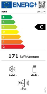 Lednice kombinovaná s mrazákem dole -  DOMO DO91334C, Objem chladničky: 216 l *, Objem mrazáku: 112 l *, Třída: C