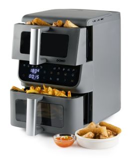 Vertikální dvojitá horkovzdušná fritéza 3,5+6,5 l - DOMO DO550FR, 2 500 W, 2 samostatné zóny, celková kapacita 10 litrů, s průzory