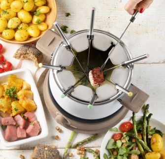 Fondue - bílý - dřevěný vzhled - DOMO DO736F, 1500 W, 8 osob, nádoba 1,4 L