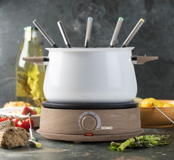 Fondue - bílý - dřevěný vzhled - DOMO DO736F, 1500 W, 8 osob, nádoba 1,4 L