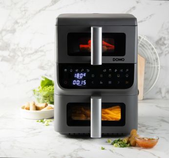 Vertikální dvojitá horkovzdušná fritéza 3,5+6,5 l - DOMO DO550FR, 2 500 W, 2 samostatné zóny, celková kapacita 10 litrů, s průzory