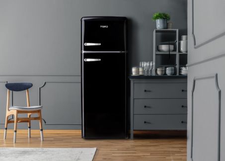 Retro lednice s mrazákem nahoře - černá - PRIMO PR166RKZ, Objem chladničky: 162 l *, Objem mrazáku: 44 l *, Třída: E