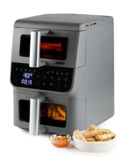 Vertikální dvojitá horkovzdušná fritéza 3,5+6,5 l - DOMO DO550FR, 2 500 W, 2 samostatné zóny, celková kapacita 10 litrů, s průzory