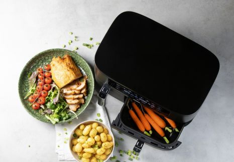 Dvojitá horkovzdušná fritéza 3+6 l - digitální - DOMO DO546FR, 2 850 W, 2 samostatné zóny, 6 automatických programů, XXL kapacita 3 + 6 litrů