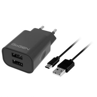 Nabíječka do sítě GoGEN ACH 205 C, 2x USB 2A (10W) + USB-C kabel 1m - černá