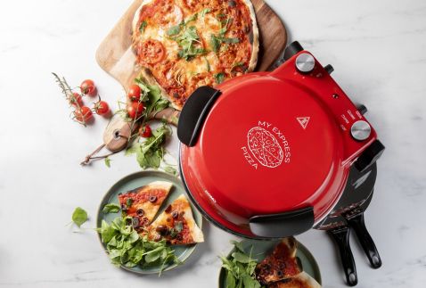 Pizza pec na čerstvou pizzu - červená - DOMO DO9284PZ, 1200 W, až 400 °C, Ø 32 cm, žáruvzdorný keramický kámen
